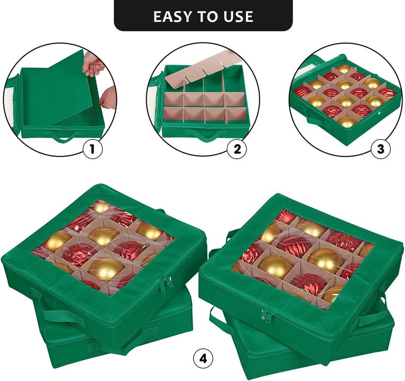 ProPik 4 Pcs Christmas Ornament Storage Boxes with Dividers | 4 Individual Trays Hold 64 Holiday Decoration Balls | Durable Ornaments Organizer Storage Box | Zippered Closure with Handles (Green) - Image 3